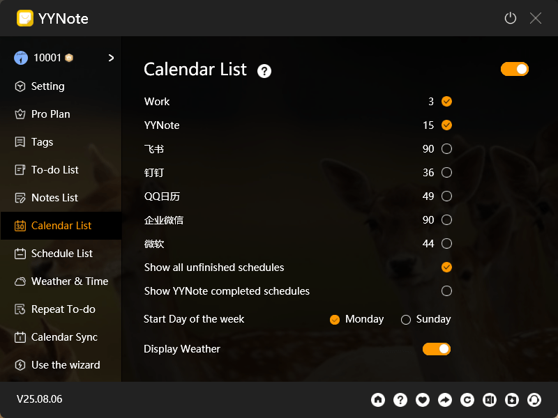 YYNote Desktop Calendar List Setting